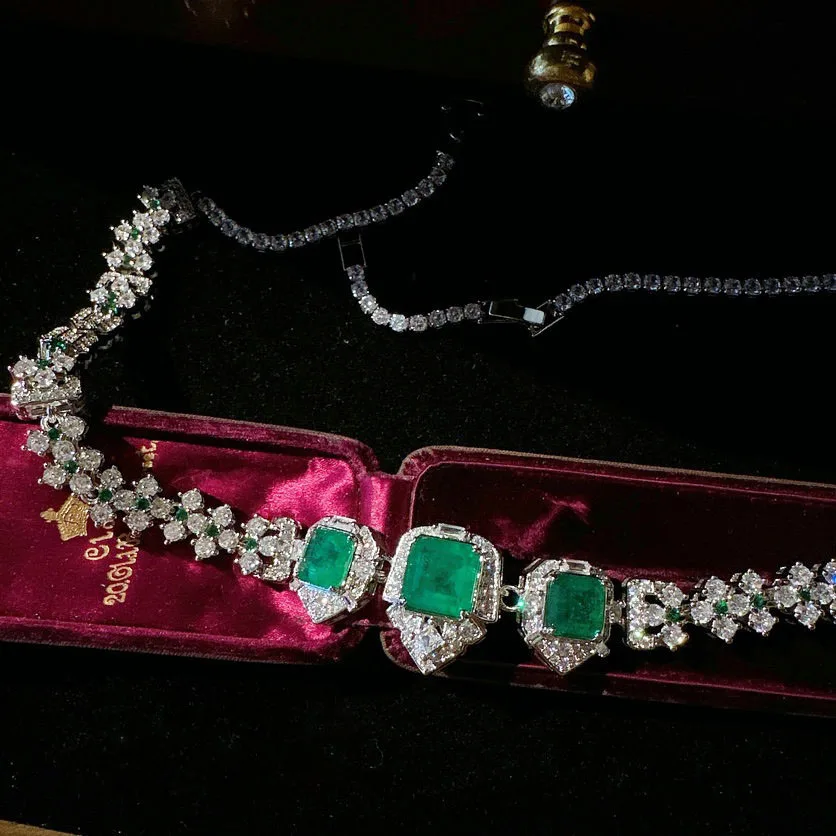 2023 Women Colombian caviar emerald necklace plated 18K gold pala peacock green ear of wheat zircon bracelet 3