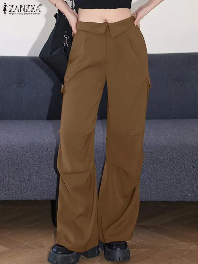

ZANZEA Women Wide Leg Trousers Casual Loose Cargo Pants Fashion High Waist Pantalons 2024 Spring Streetwear Vintage Pockets Pant