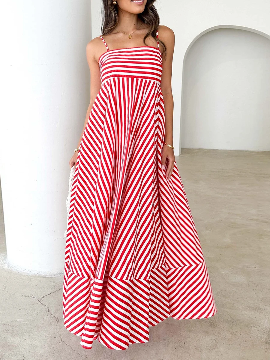 

Women Long Cami Dress Maxi Stripe/Dot Print Elegant Spaghetti Strap Backless A-Line Flowy Dresses Beach Party Vacation Sundress