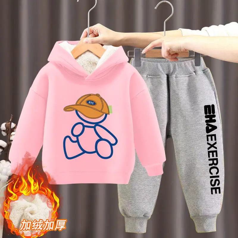 Kids Clothing Set Boys Girls Clothes Hoodies Trousers Sets New Kids Cartoon Autumn Winter Long Sleeve Fleece Warm Sweatshirts Outfits 2Pcs 2-12Y