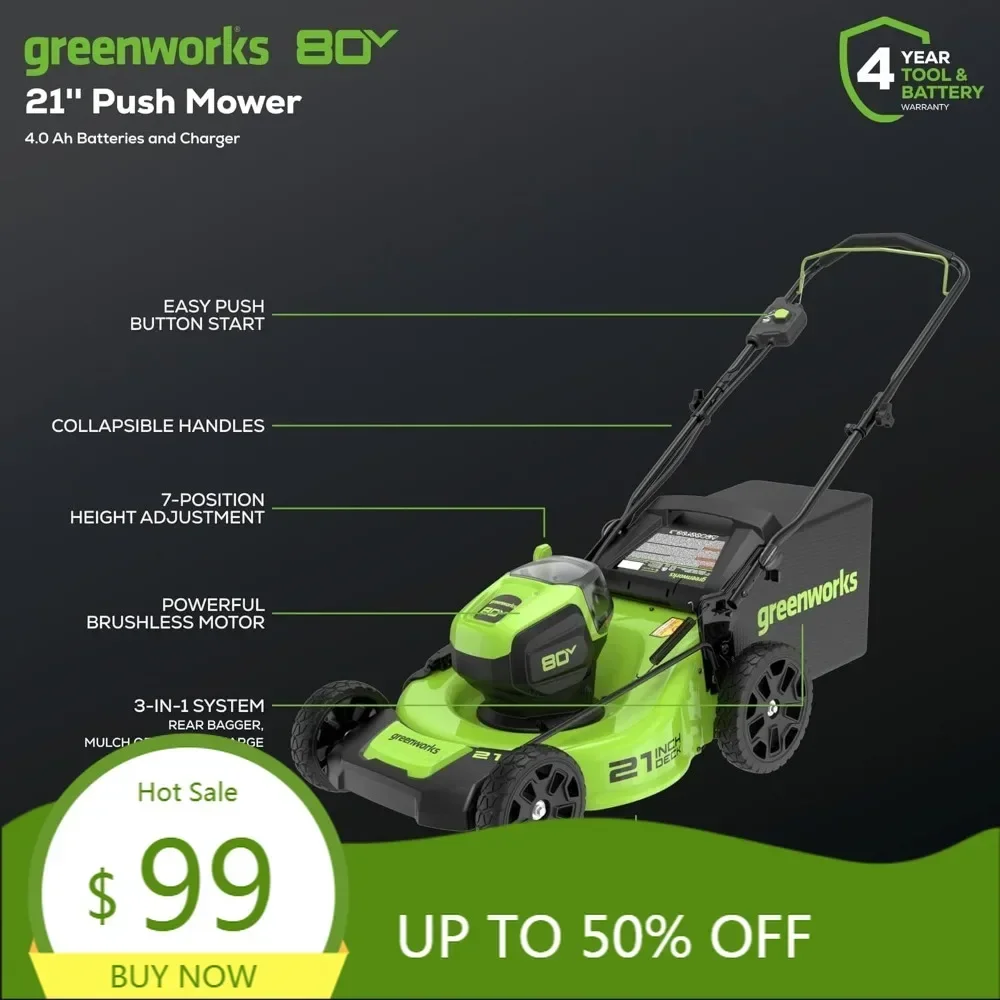 80v 21" brushless cordless (push) lawn mower (75+ compatible tools), 4.0ah battery and 60 minute rapid charger included