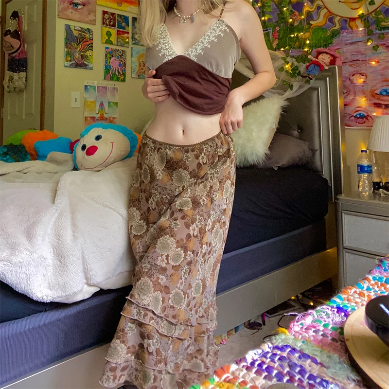 

Lugentolo Vintage Long Skirt Women Ruffled Panelled Hem Slim Fit Chiffon Skirts Spritng Summer Fashion New