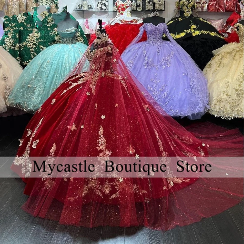 

Burgundy Quinceanera Dresses with Cape 2023 Beads Butterfly 3D Floral Applique Sweet 15 Birthday Party Ball Gowns Lace up