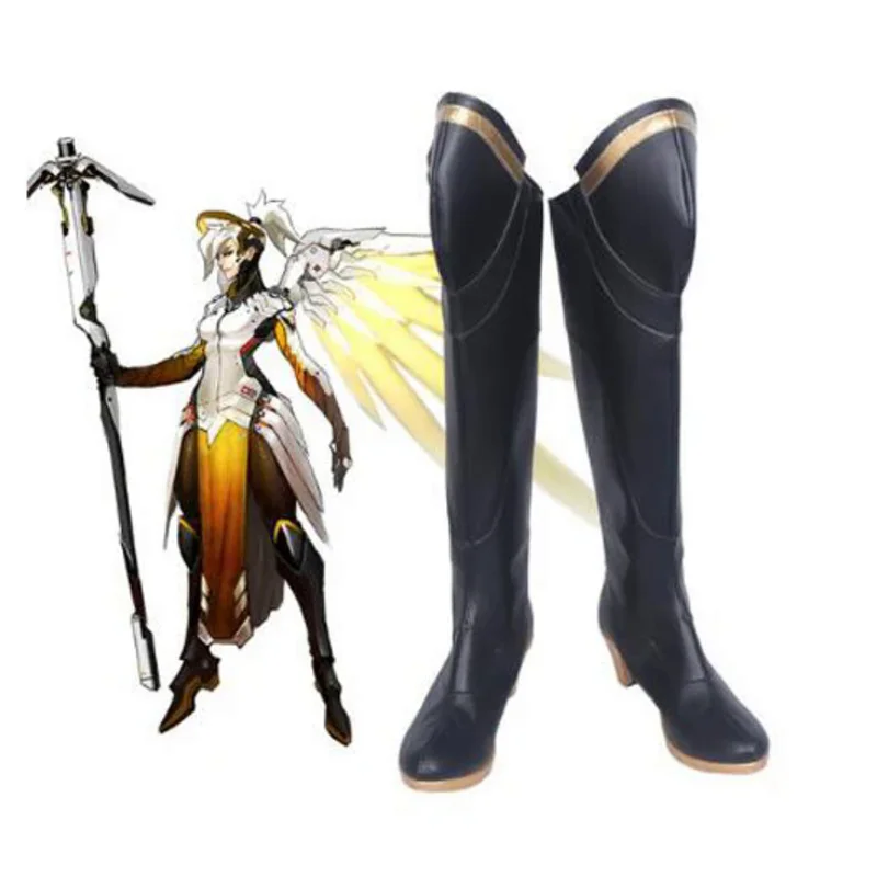 

OW Mercy Angela Ziegler Black Game Cosplay Boots Shoes Halloween Party Cosplay Boots Custom Made for Adult Women Long Shoes