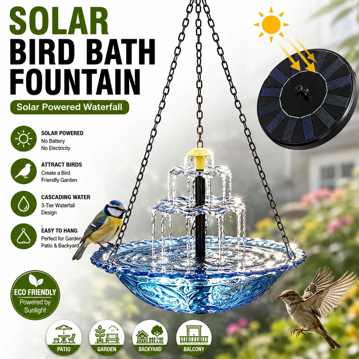 Outdoor Hanging Solar Bird Bath Fountain, 3-Tier Water Feature with Feeder Tray for Hummingbirds, Garden Pond Decor 1