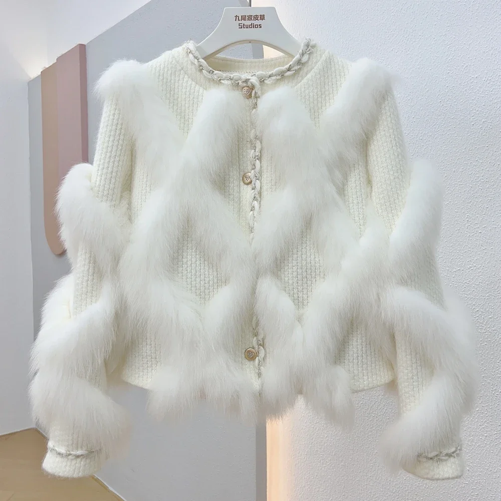 Autumn Winter Short Real Fox Fur Coat Woolen Splicing Imported Female 2023 O-neck Long Sleeve Fashion Slim Fur Jackets for Women