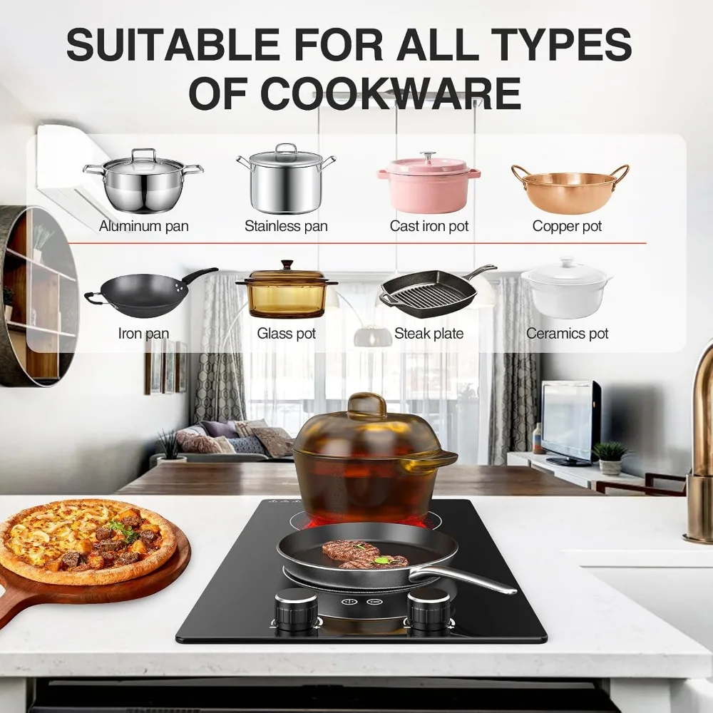 110v Electric Cooktop 2 Burners, 12'' Electric Stove Top with Plug in, Knob Control Countertop & Built-in Ceramic Cooktop