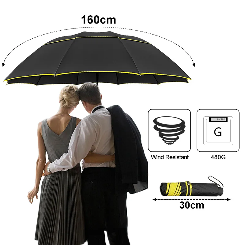 130cm Windproof Double Large Folding Umbrella Female Car Luxury Business Umbrellas Men Rain Women Gift Outdoor Parasol folding umbrella