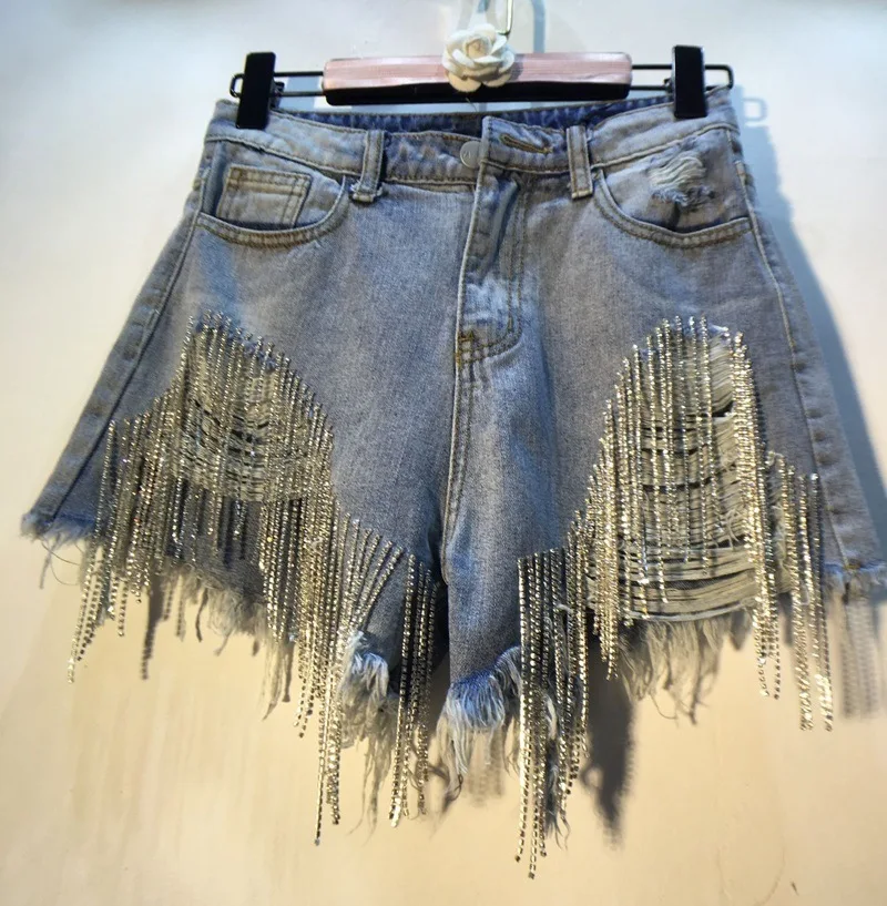 Fashionable Ripped Rhinestone Tassel Chain High Waist Denim Shorts Women 2023 Summer New Sexy Girl Slim Blue Booty Shorts