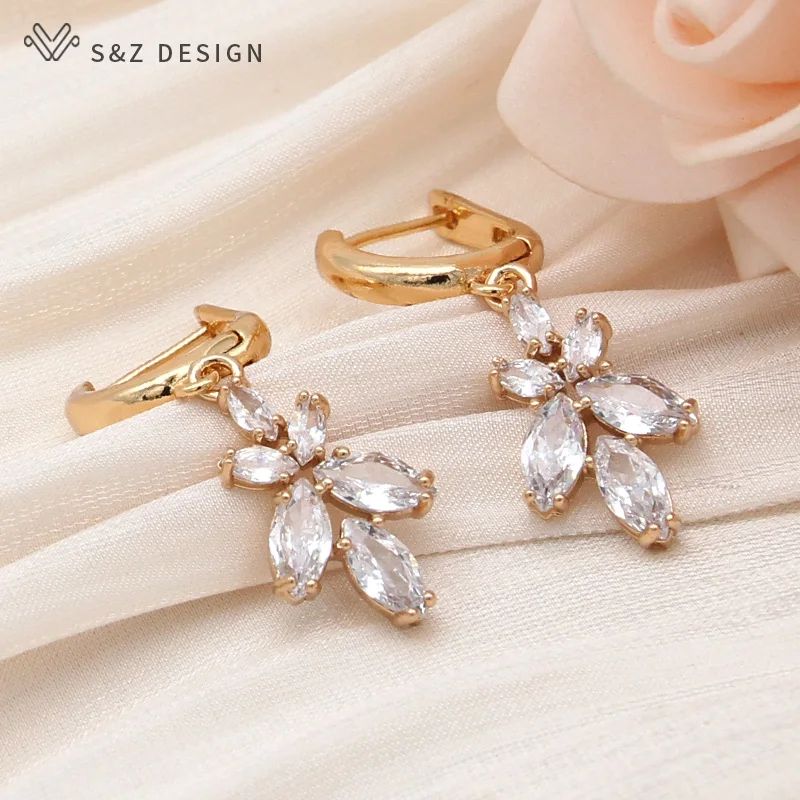 S&Z DESIGN New Fashion White Flower Cubic Zirconia Orchid Dangle Earrings For Women Wedding Champagne Gold Color Jewelry Gift