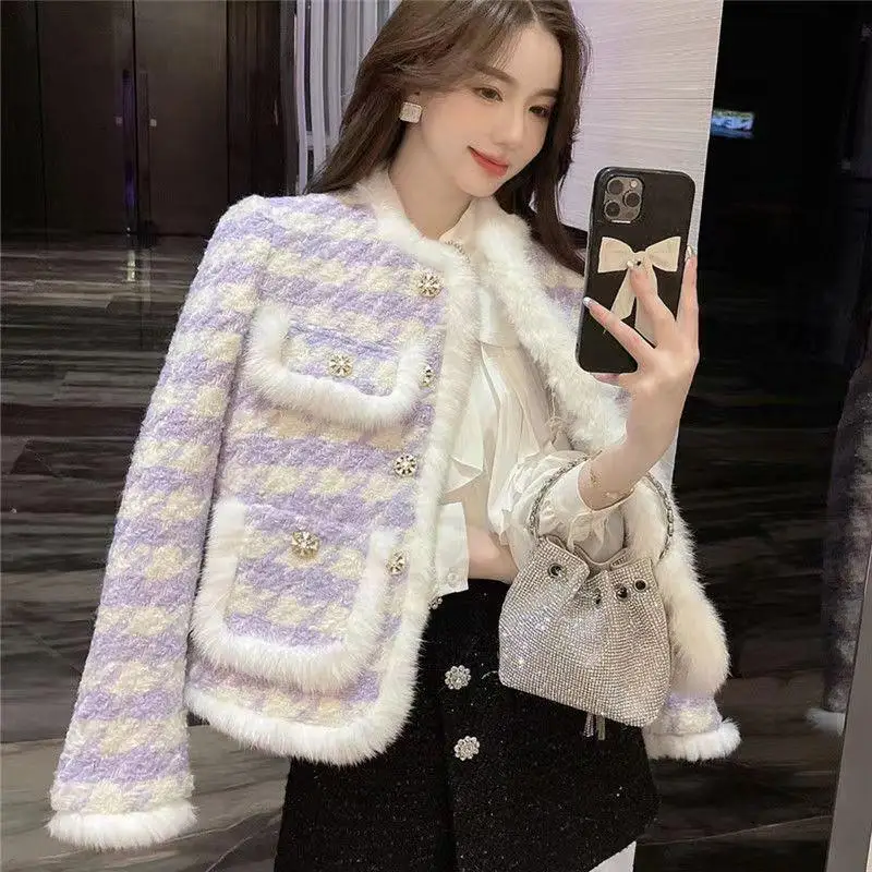 

Autumn Winter Clothes Imitation Mink Fur Coat Checkered Suit Women's Cotton Short Coat Commuter Style Overshirt Thickened Jacket