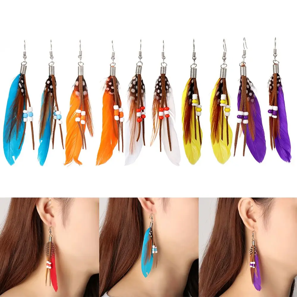 

Jewelry Boho Hollow Earrings Feather Dangle Drop Golden Silver Rainbow Beads