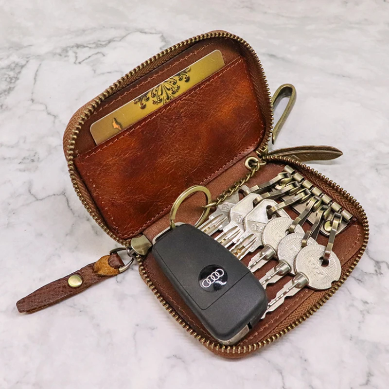 Vintage Key Wallet Genuine Leather Key Holder Wallets Men Zipper Keychain Key Case Bag Male Housekeeper Key Organizer Pouch