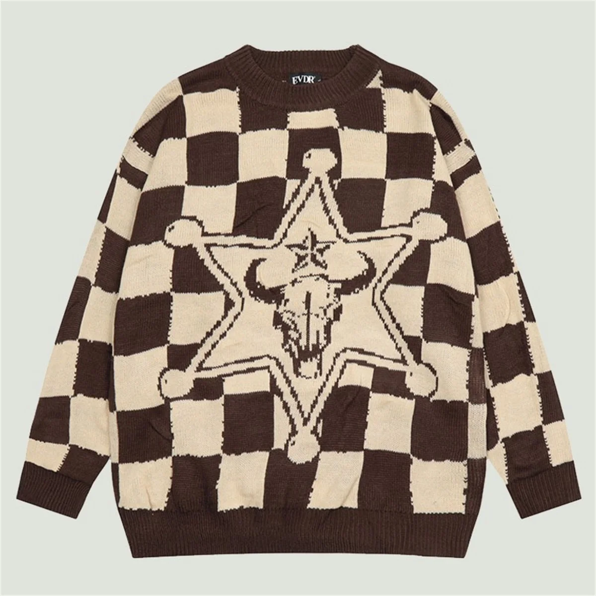 

Hip Hop Knitted Sweaters Men Harajuku Vintage Star Gun Plaid Jumper Streetwear Casual Oversized Pullover Couple 2022 Autumn Tops