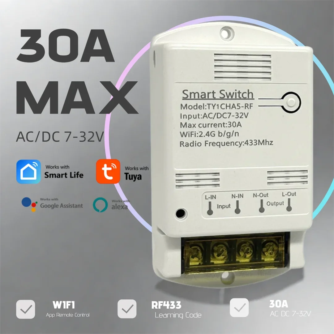 โมดูลรีเลย์ Tuya Wifi 30A 7-32V 85-250V 220V สวิตช์อัจฉริยะ ควบคุมระบบอัตโนมัติภายในบ้าน รีโมทคอนโทรล ตั้งเวลาเปิด-ปิดแบบล็อคตัวเองและแบบกดติดปล่อยดับ 1