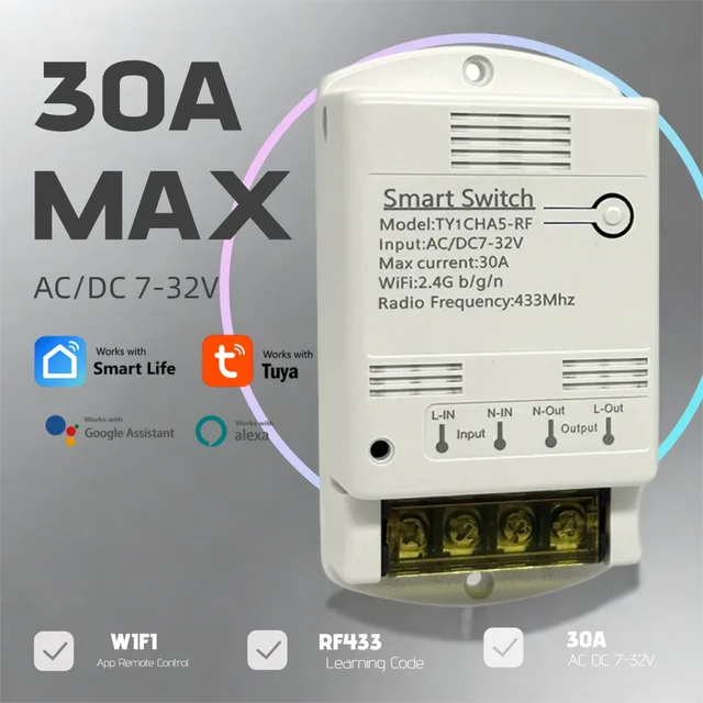 โมดูลรีเลย์ Tuya Wifi 30A 7-32V 85-250V 220V สวิตช์อัจฉริยะ ควบคุมระบบอัตโนมัติภายในบ้าน รีโมทคอนโทรล ตั้งเวลาเปิด-ปิดแบบล็อคตัวเองและแบบกดติดปล่อยดับ 1