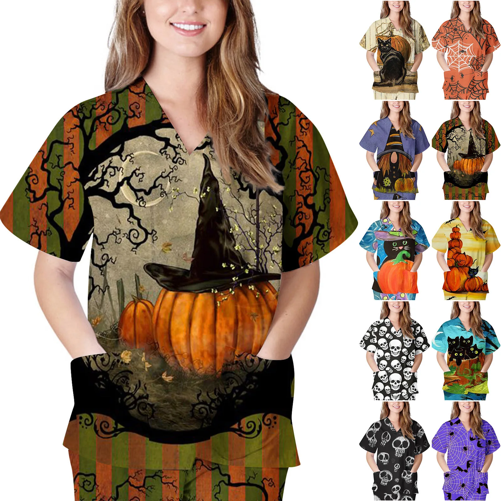 

Summer European and American Printed Short Sleeved Pullover Halloween V-neck Top Short Sleeved T-shirt for Women