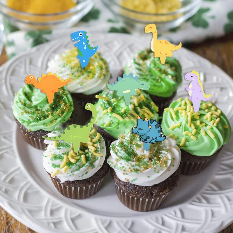 Dinosaur Cupcake Wrappers Cake Toppers Dinosaur Theme Kids Birthday Cake Decor For Baby Shower Jungle Dino Party Supplies 24Pcs