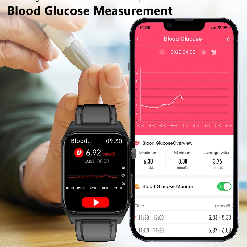 

New Blood Glucose Monitor Smart Watch Men HRV ECG+PPG Blood Pressure Body Temperature Health Tracker IP68 Sports Wrist watch