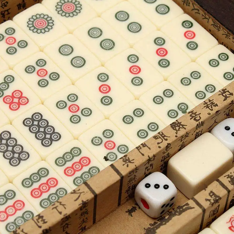 Chinese Mahjong With Antique Portable Case 144 PCS Traveling Mahjong Adult Travel Game Toy Practical Durable Engraved Tiles 2