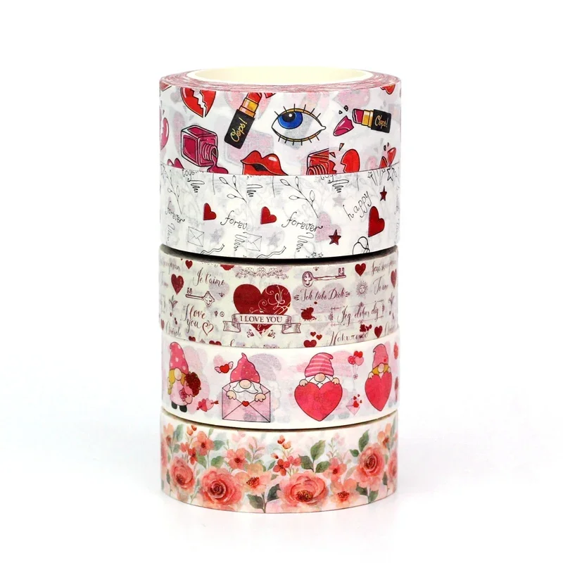 1PC. 10M Decor Cute Flower Hearts Lips Paper Valentine Washi Tape for Scrapbooking Journaling Material Masking Tape Stationery 5