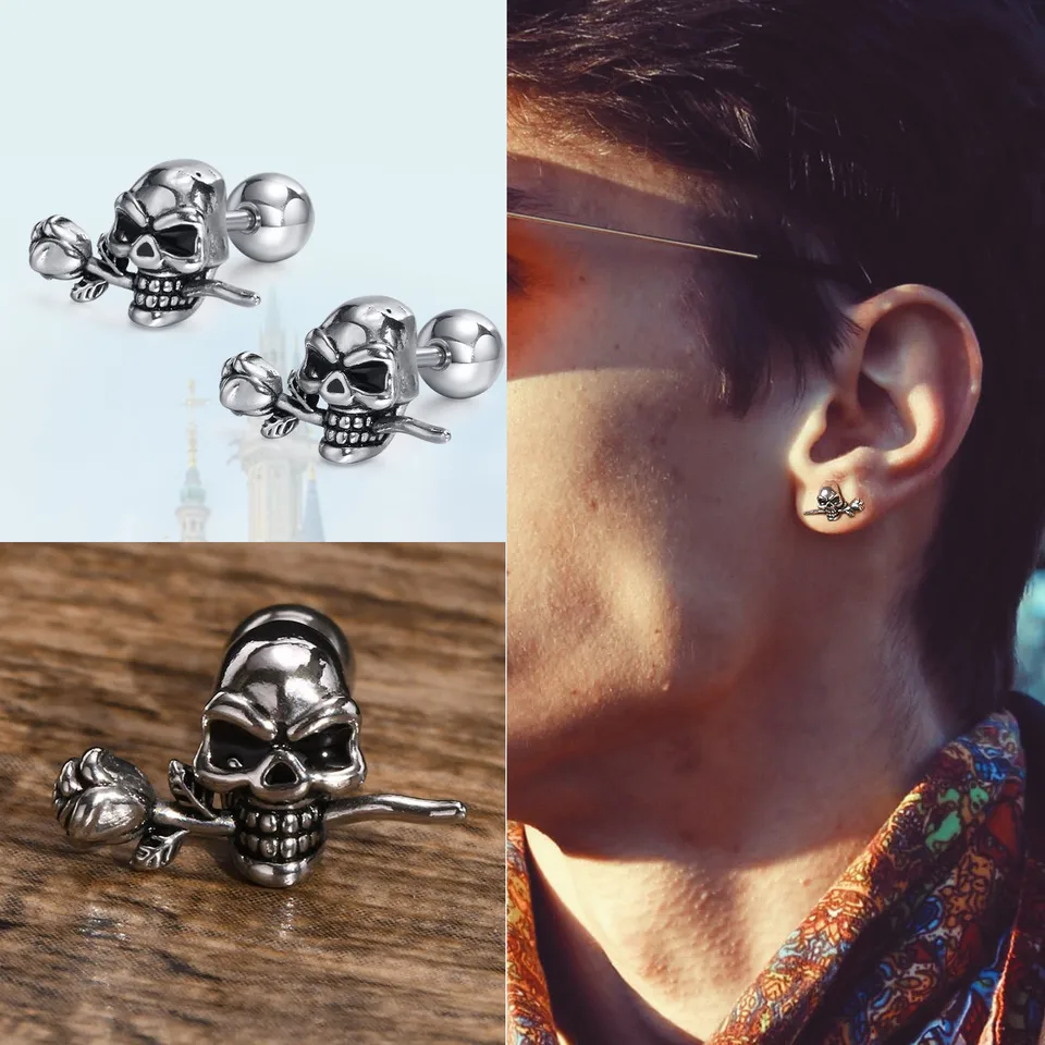Pendientes De Aro Punk GTHIC - Diseño Calavera Con Remaches, Acero Inoxidable Para Hombre Y Mujer