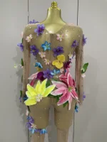 2025Sparkly Rhinestones 3D Flower Nude Mesh Transparent Jumpsut Women Evening Party Birthday Nightclub Performance Stage Costume - Image 6