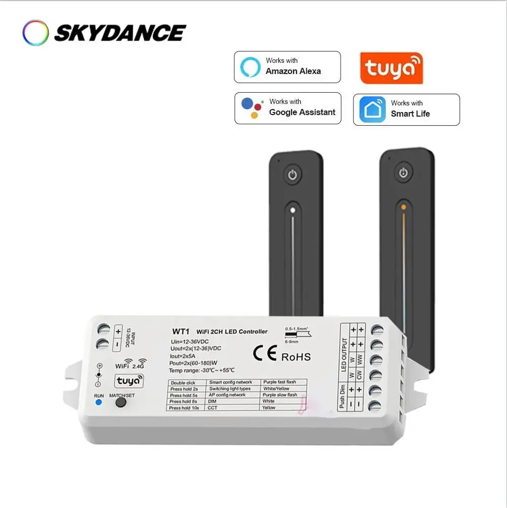 WT1 TUYA Wifi Push-Dim 2 Channel Receiver 12V 24V CCT LED Strip Dimmer 2.4G RF Single color WW CW Controller 4 8 12 16 24 channel hdmi to ip hotel iptv 4k webcast push streaming hls udp rtmp ndi protocol h264 h265 video encoder