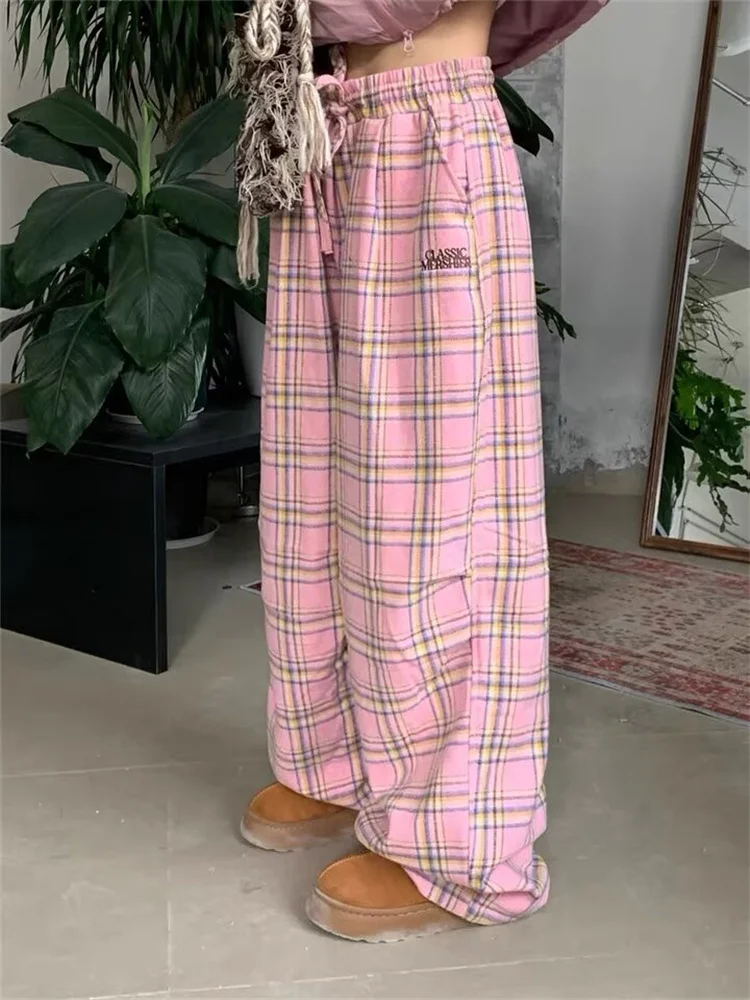 QWEEK Y2K Pink Plaid Pants Women Korean Fashion Winter Checked Trousers Oversized Harajuku Vintage 90s Wide  Leg Pantalones