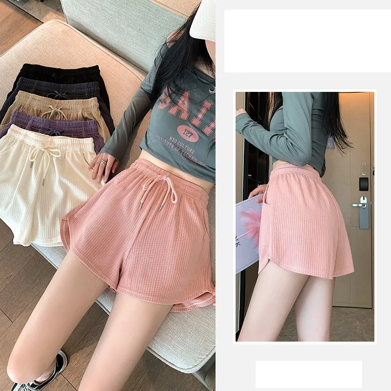 Summer Women's Elastic High Waisted Bandage Drawstring Shirring Screw Thread Solid Casual Loose Sports Trousers Sweet Shorts