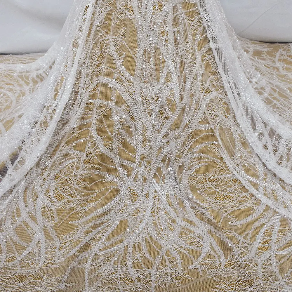

White Lace Fabric Embroidered Nigerian French Tulle Eyelash Chantilly Traditional Wedding DIY 5 yards HY2409-2