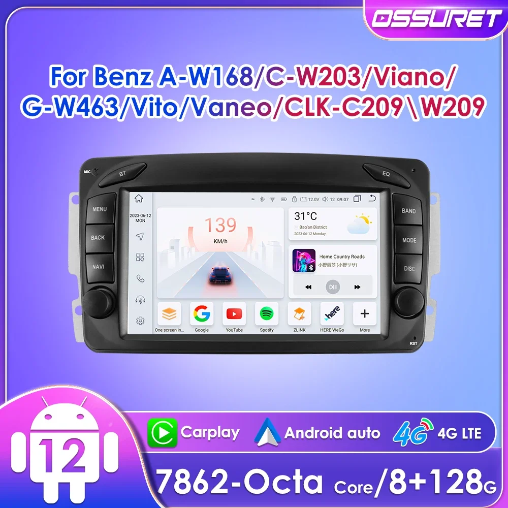 

Ossuret 2 Din Android 12 Car Radio Stereo Multimedia GPS Navi for Mercedes Benz CLK W209 W203 W463 W208 GPS RDS BT DSP Carplay