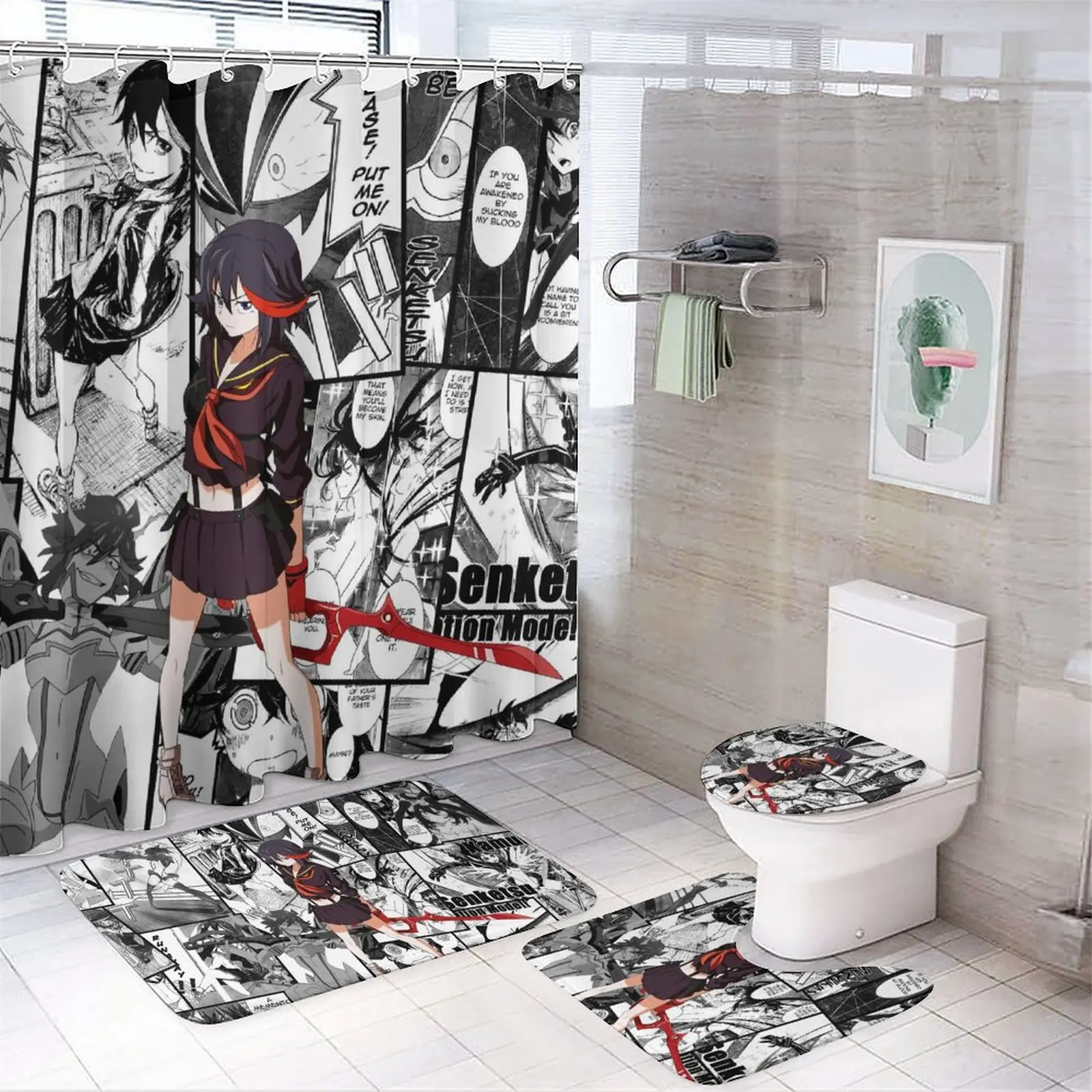 Anime character printed shower curtain Modern non-slip carpet shower