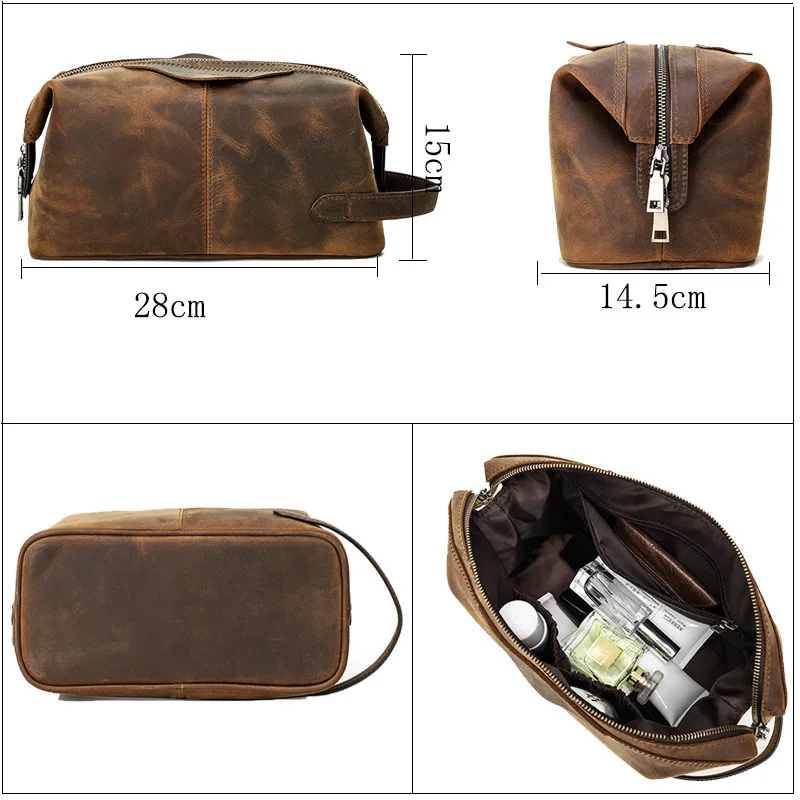 Luxury Brand Cosmetic Bag Men Crazy Horse Leather Large capacity Toiletry  Bag Travel Portable Storage Wash Organizer Makeup Bag