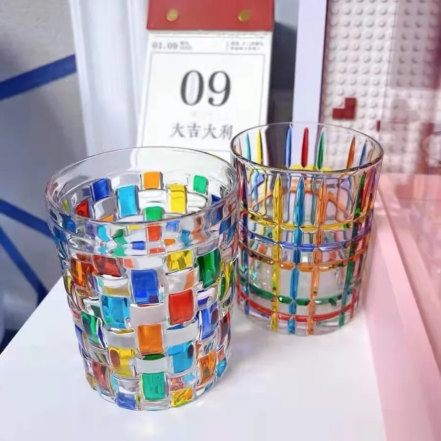 

Цветные линии ручной росписи Тканое Хрустальное стекло витражная чашка для сока коктейли виски стекло персонализированный подарок