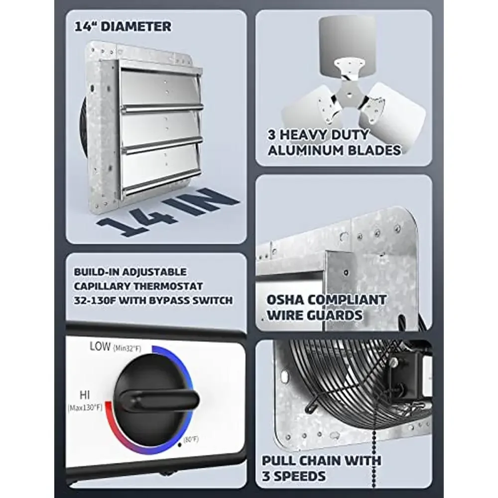 14" Wall Mounted Shutter Exhaust Fan with Thermostat Control 3 Speeds Home Attic Garage Ventilation 850 CFM Weather Resistant
