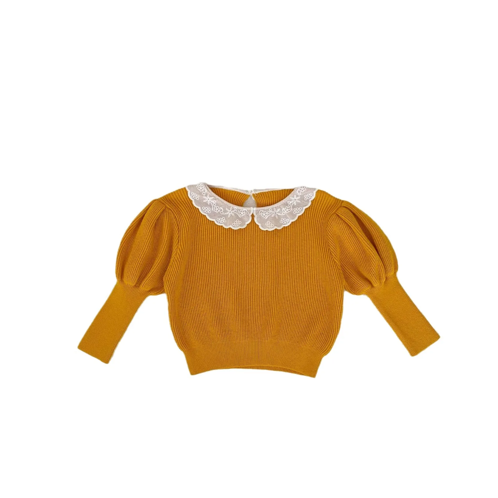 Spring New Baby Girl Lace Collar Bottoming Shirt Cotton Infant Toddler Puff Sleeve Knitted Pullover Girls Solid Casual Tops