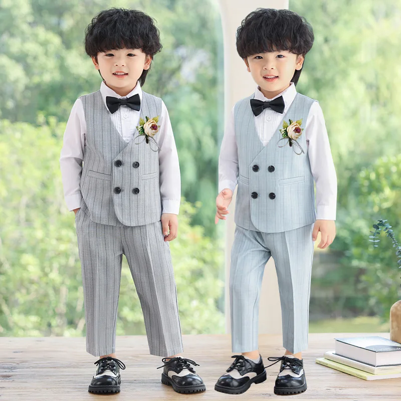 

Boys Striped Vest Dress Suit Set Autumn Winter Child School Performance Host Wedding Party Costume Kids Waistcoat Pants Clothes