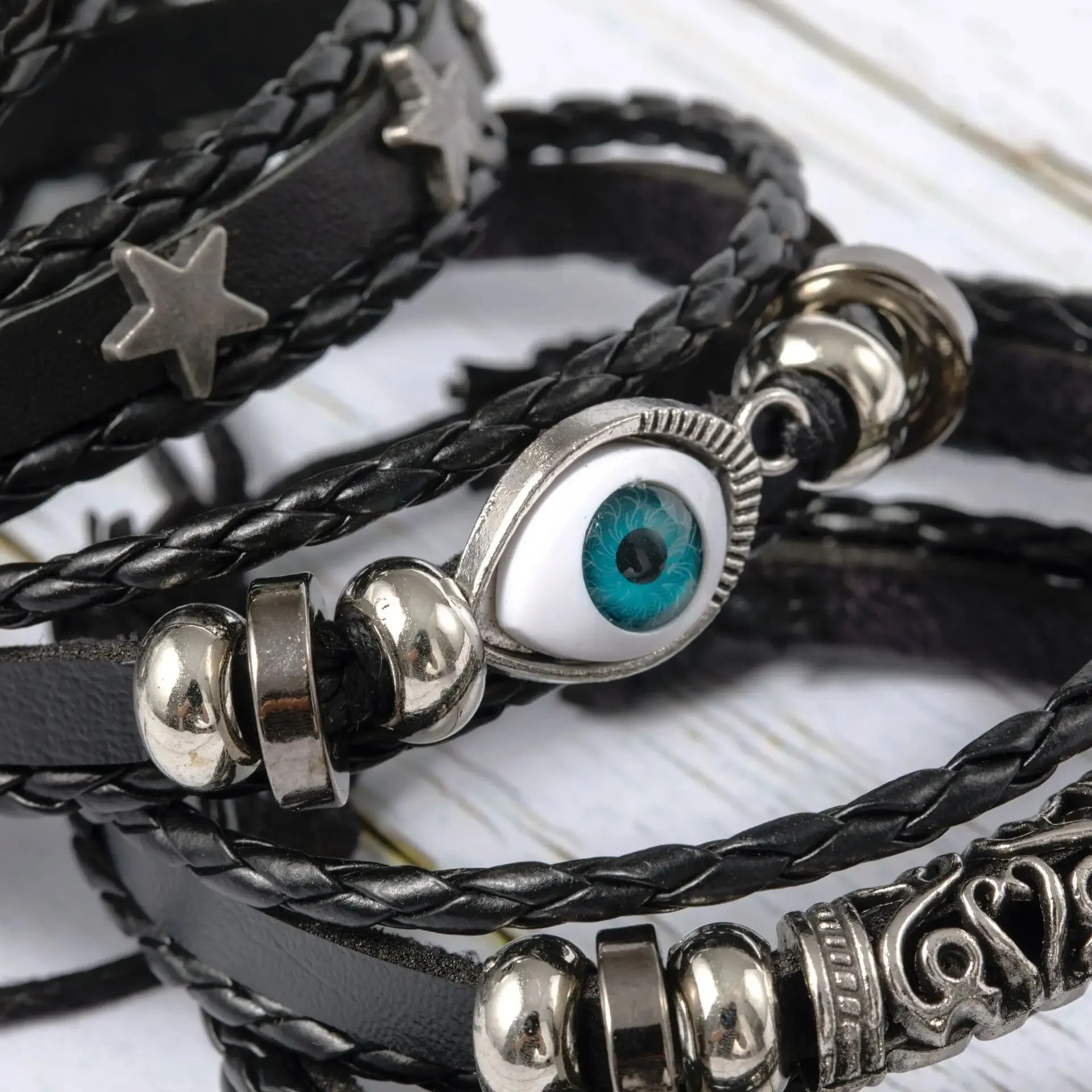 5pcs Evil Eye Wing Star Diy Braided Punk Style Bracelet Set, Featuring Pu Leather And Beads 4