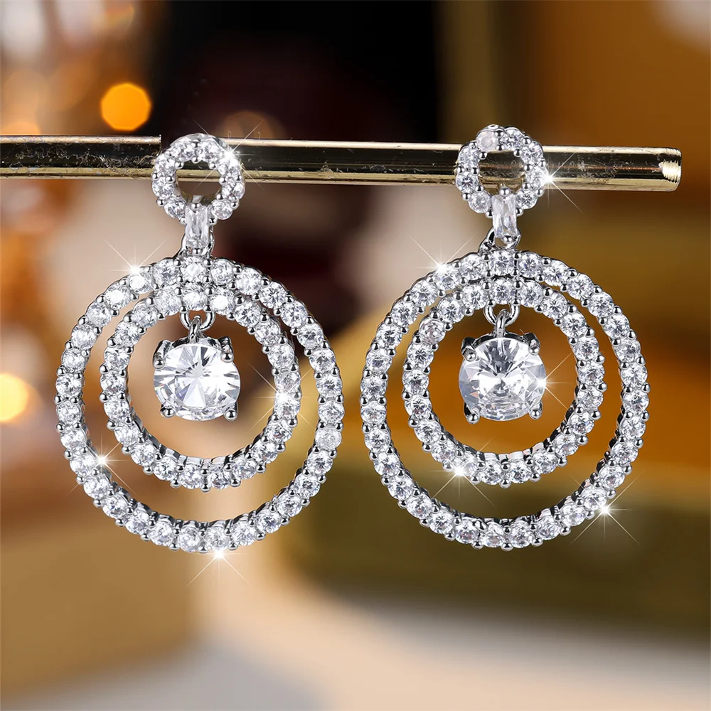 Double Layer Round Stone Pendant White Zircon Stud Earrings For Women Trendy Silver Color Wedding Earring Versatile Jewelry Gift