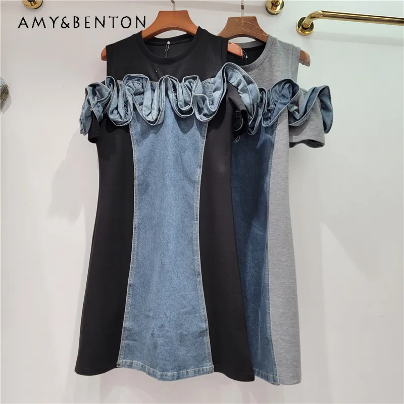 

European Style 2024 Summer New Women's Round Neck Lace Stitching Denim Contrast Colors Slimming Off-Shoulder Short Sleeved Dress