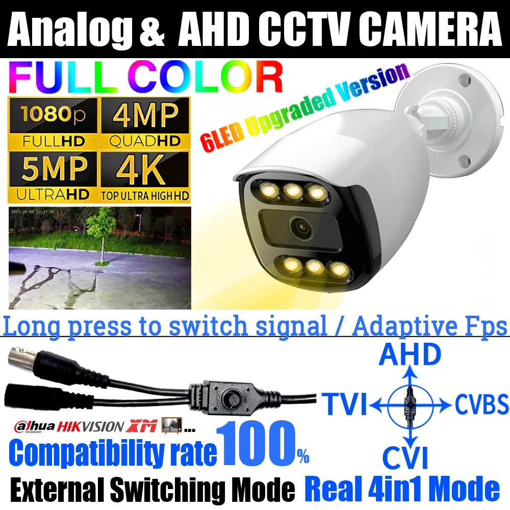 

6LED 5.0MP 4K AHD Full Color Camera CCTV Auto Luminous Analog 4MP 1080P TVI/CVI 4in1 OSD Cable Digital Outdoor Security Monitor