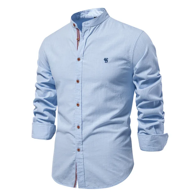 Nouvelle chemise d'affaires tendance pour hommes en coton et lin, haut à manches longues de couleur unie à la mode. 1