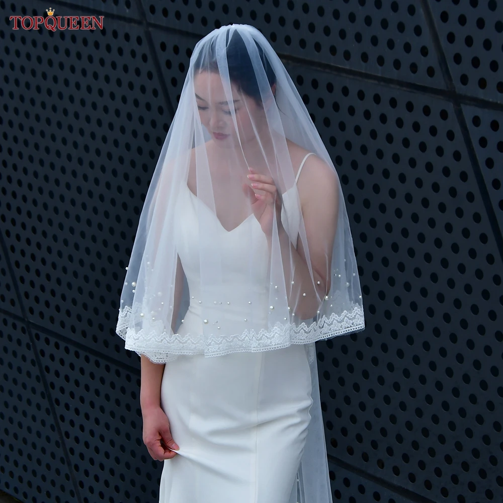 

TOPQUEEN Bridal Double Layer Pearl Lace Veil Elegant Ivory White Veil Cathedral Length Wedding Accessory With Hair Comb V164