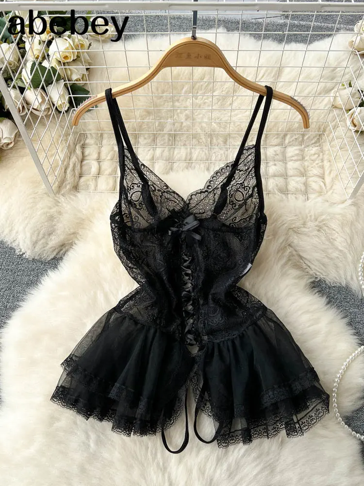 

2023 Halter Lace Sensual Bodysuits Women Sleeveless Backless Sheath Playsuits Fashion Slim Club Mesh Sexy Rompers