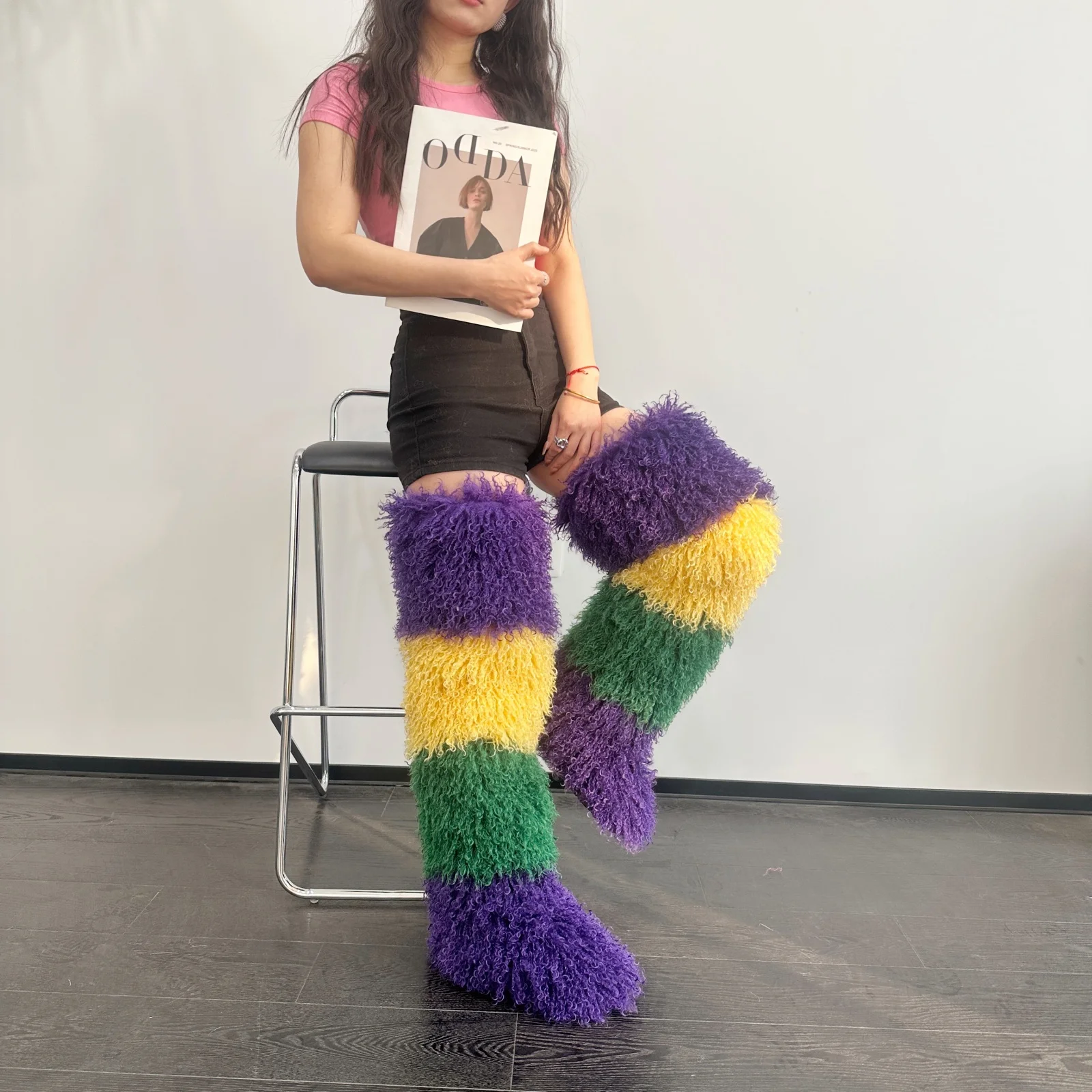 Womens 29 Inch Over The Knee Faux Mongolian Thigh Highs Faux Fur Boots Y2k Fluffy Mardi Gras Mambo FurBoots Boots