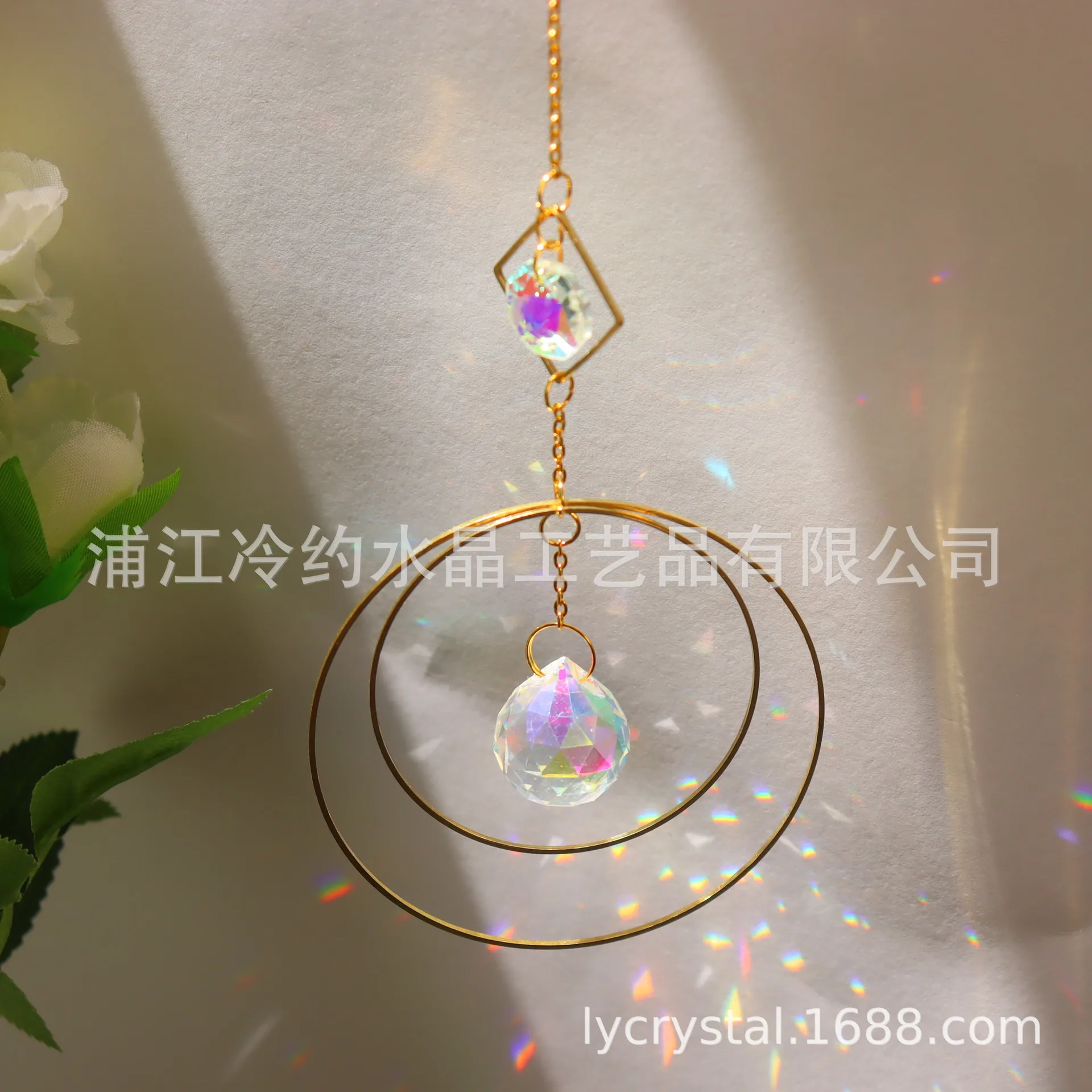 Suncatcher roze roos met kristal - De Vrolijke Engel