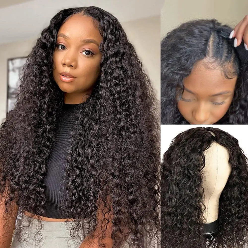 Deep Wave V Part Wig Human Hair 180 Density Natural Color Curly Wig Brazilian Human Hair for Women Water Wave V Part Wig 40 Inch 3