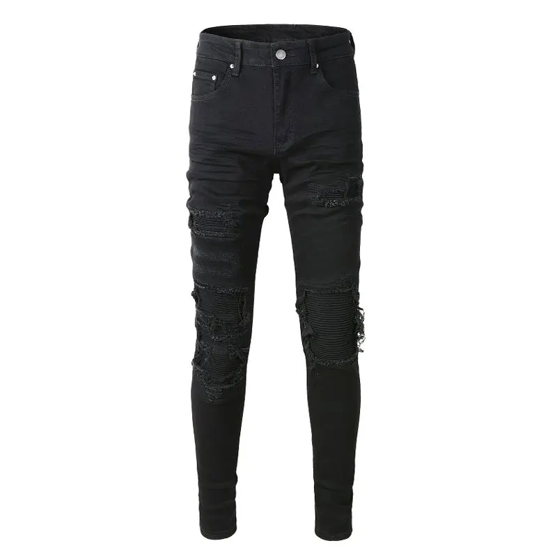 High Street Fashion Men Jeans Black Punk Trousers Elastic Slim Fit ...