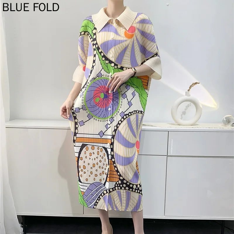 

Женское плиссированное платье средней длины с принтом, свободное, большого размера, ПЛИЦЫ Мияке, весна и лето, новинка 2024 г.